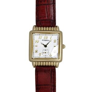 Fossil Vintage Lady Tank Red Genuine Leather Gold Tone Watch White Dial VT-2504